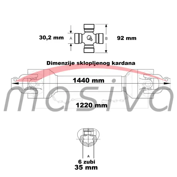 KARDAN KRIŽ 30,2 x 92  BALIRKA, VITLO DO 6T, CJEPAČ, L=1220/1450    MASIVA II-5