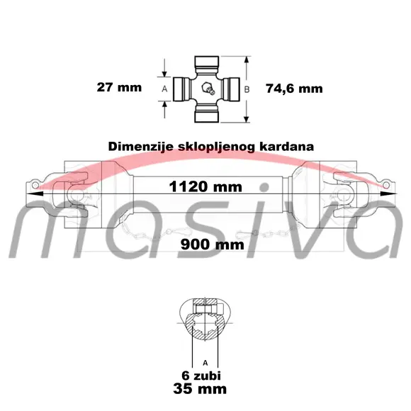 KARDAN KRIŽ 27 x 74,6  CISTERNA, VITLO DO 3T, BOČNA KOSA  L=900/1000  MASIVA II-4